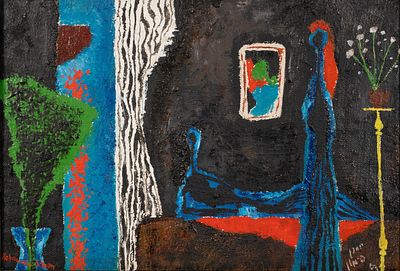 יוחנן סימון - 1976 - 1905. פנים חדר בקיבוץ, 1963, 
שמן על בד, 24x35 ס"מ, 
חתום ומתוארך.