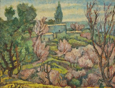 אריה אלוואיל - 1967 - 1901. נוף עם בית, שמן על נייר מוצמד לעץ, 48x63 ס"מ, חתום.