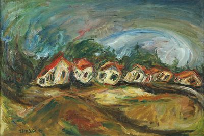צבי מלנוביצר - נ. 1945. בתים אנושיים, שמן על בד, 54X81 ס"מ. חתום. מתואר מאחור.