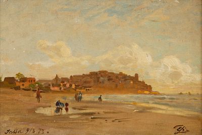 אמן לא מזוהה - יפו, 1873 , שמן על קרטון, 21x31 ס"מ, חתום, ומתואר. מתואר ומתוארך מאחור.