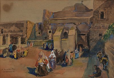 אנה ריכטר מאי - 1955 - 1865. שוק בירושלים, 1952, אקוורל על נייר, 19x28 ס"מ, חתום ומתוארך.