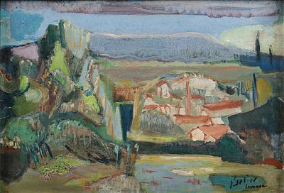 מרדכי לבנון - 1968 - 1901. נוף, שמן על בד, 38x55 ס"מ, חתום.