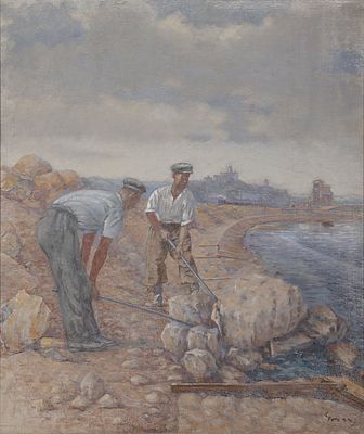 גרוס - פועלים בעבודה, שמן על בד, 77x64 ס"מ, חתום.