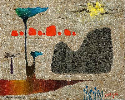 יוחנן סימון - 1976 - 1905. נוף, 1965, שמן על בד מוצמד לקרטון, 21x26.5 ס"מ, חתום ומתוארך. חתום 