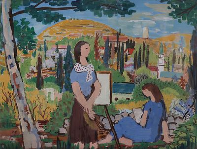 יוחנן סימון - 1976 - 1905
. ילדות בקיבוץ, 1950, 
גואש על נייר, 32x43 ס"מ, 
חתום ומתוארך.