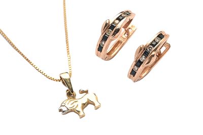 לוט זוג עגילי זהב ורוד 14K ותליון זהב 14K. משובצים יהלומים קטנים וספירים. משקל כ-4 גרם. תליון 