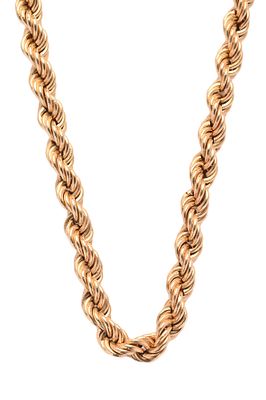 שרשרת זהב 14K. בדגם צמה. אורך כ-76 ס"מ. משקל כ-40 גרם