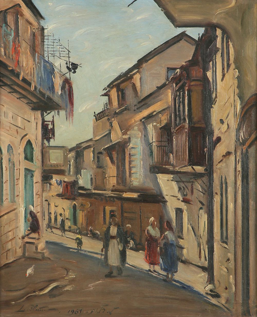 Ludwig Blum, Nahalat Shiva, Jerusalem, 1961, Oil on canvas, 60×50 cm. Signed and dated.