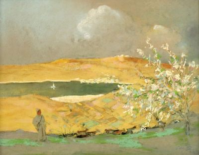 Abel Pann
- 1883 - 1963. A Shepherd by the Sea of Galilee, Pastel on paper, 48X65 cm. Signed. 