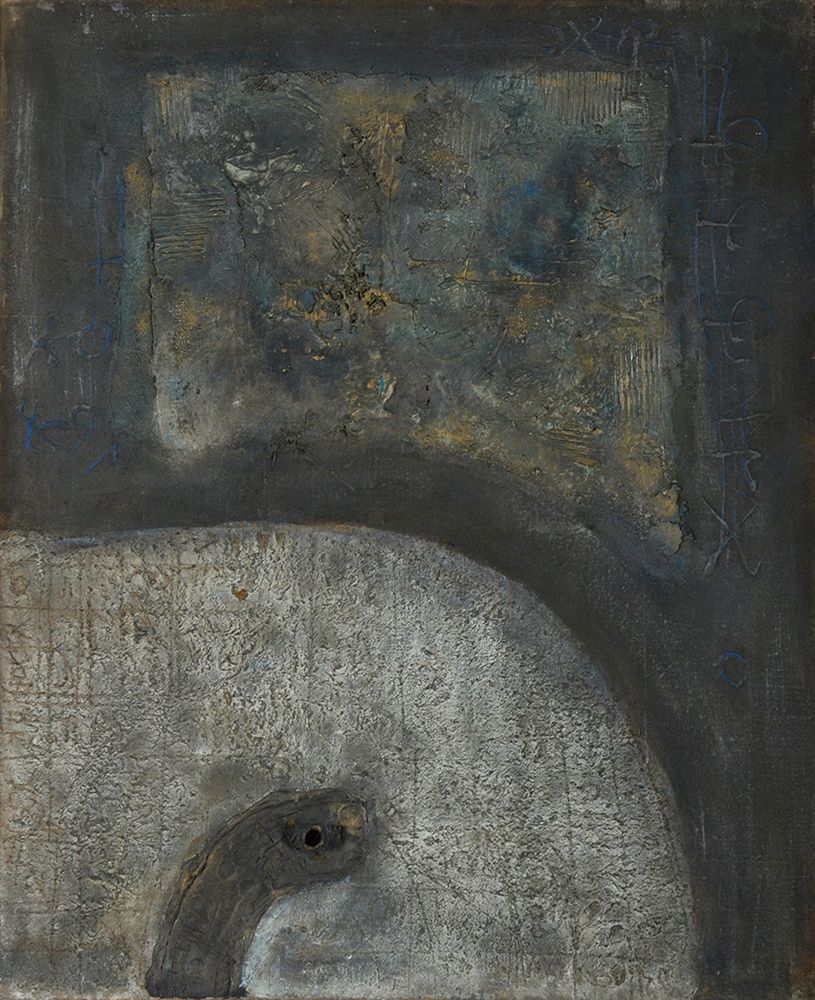 Igael Tumarkin
- b. 1933. Untitled, 1961,
Oil, iron and collage on canvas, 100X81 cm.
Signed 