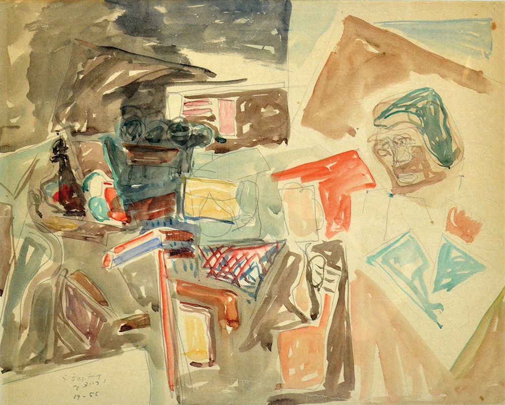 Joseph Zaritsky
- 1891 - 1985. Vessels on the Table, 1955,
Watercolor on paper, 47X58 cm. 
