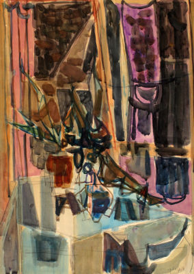 אביגדור סטימצקי - פרחים על שולחן. אקוורל על נייר, 
69X48 ס”מ, 
חתום.