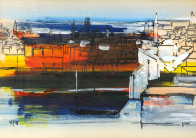 אבשלום עוקשי - נוף עירוני. טכניקה מעורבת על נייר,
66X40 ס”מ, 
חתום.