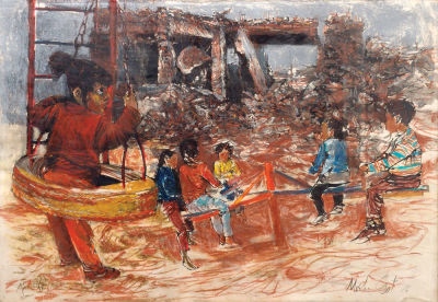 משה גת - ילדים ביפו, 1976,. גואש ופנדה על נייר, 
70X100 ס”מ, 
חתום ומתוארך.