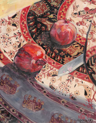 נטלי שטיינפלד בורוקוב - רמונים על השולחן. שמן על בד מוצמד לקרטון, 
43X35 ס”מ, 
חתום.