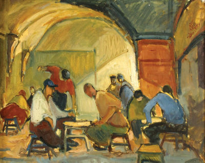 אבי שוורץ - דמויות בבית קפה. שמן על בד מוצמד לקרטון, 40X50 ס”מ, 
חתום.