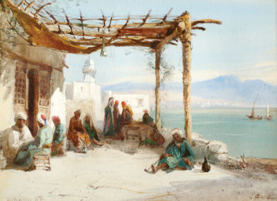 Henry Andrew Harper - 1835 - 1900. Figures by the Sea, 1875, Watercolor on paper, 12x16 cm. Signed 