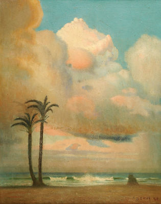 Shmuel Charuvi - 1897 – 1965. Palm Trees by the Sea, Oil on canvas, 50x40 cm. Signed.