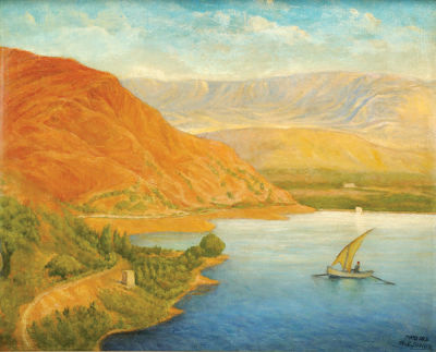 Aharon Shaul Schur - 1864 – 1945. Landscape of the Sea of Galilee, Oil on canvas, 46x56 cm. Signed.