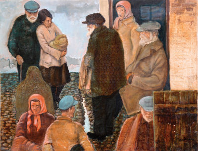 Nachum Gilboa - 1917 - 2015. Figures from the Ghetto, 1968, Oil on canvas, 51x65 cm. Signed and dated.