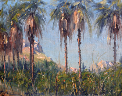 Ludwig Blum - 1974 – 1891. Palms near the Sea of Galilee, Oil on canvas laid down on cardboard 