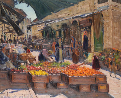 Ludwig Blum - 1891 - 1974. Mahane Yehuda Market, 1958, Oil on canvas, 81x99 cm. Signed and dated. 