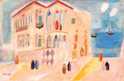 Nachum Gutman - 1898 - 1980. Figures in Neve Tzedek, Watercolor on paper, 29x42 cm. Signed. The 