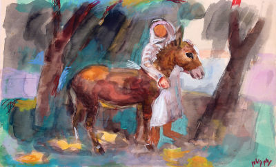 Nachum Gutman - 1898 - 1980. Boy and Donkey, Watercolor on paper, 35x50 cm. Signed. The 
