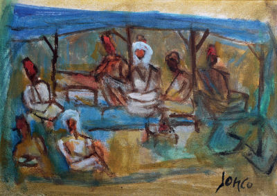 Marcel Janco - 1895 - 1984. Figures in a Tent, Oil on canvas laid down on wood, 35x50 cm. Signed. 