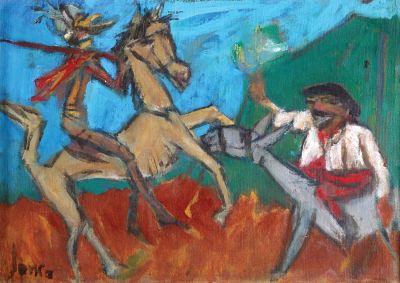Marcel Janco - 1895 - 1984. Don Quixote, oil on canvas laid down on cardboard, 35x50 cm. Signed.