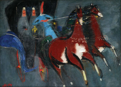 Nachum Gutman - 1898 - 1980. A Carriage in Jaffa, Oil on cardboard, 33x44 cm. Signed. Provenance: 