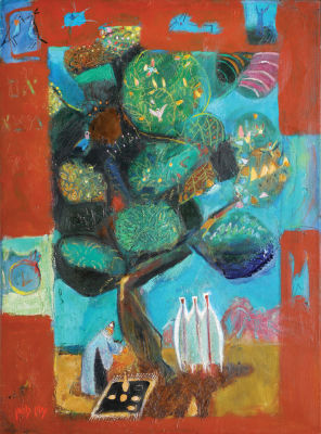 Nachum Gutman - 1898 - 1980. Abraham and the three Angels, Oil on canvas, 81X60 cm. Signed. The 