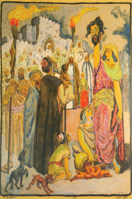Zeev Raban - 1890 - 1970. Yehudit and Holofernes, Watercolor on paper, 37x27 cm. Signed.