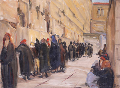 Ludwig Blum - 1891 - 1974. Prayers at the Western Wall, 1929, Oil on canvas laid down on cardboard 