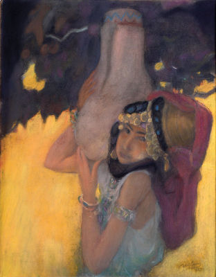 Abel Pann - 1883 - 1963. Rebbeca at the well, 1937 Pastel on papaer, 63x48 cm. Signed and dated. 