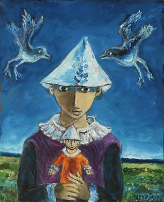 יוסל ברגנר - ילד בובה וציפורים, שמן על בד, 50X40 ס"מ. חתום. חתום ומתואר מאחור.