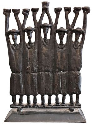 Ruth Bloch - An artistic menorah featuring five stylized figures of standing rabbis holding 