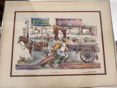 SEYMOUR ROSENTHAL - THE SELTZER MAN, חתום.
"מוכר הסודה". ליטוגרפיה מרהיבה, צבועה ביד של רוכל 