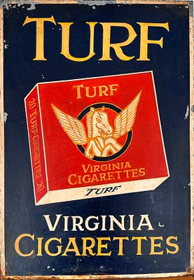 TURF VIRGINIA CIGARETTES - שלט ברזל וינטג׳ משנות ה-30 או 40 מצויר ביד , מאוסף נדיר של שלטים עתיקים.
