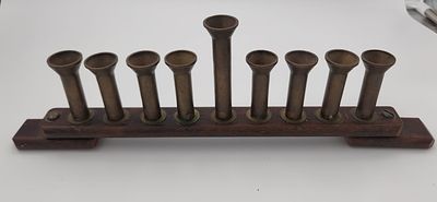 Judaica - a very old Hanukkah lamp menorah, trench art, designed from bullets like brass reeds 
