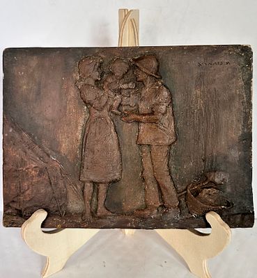 Meir Gur Aryeh - Bezalel style tile with figures of pioneers dancing, signed
. האריח בעבודת יד 