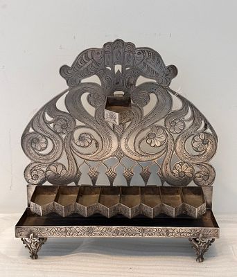 Exceptional large and substantial antique Tunisian silver Hanukkah menorah, masterfully 