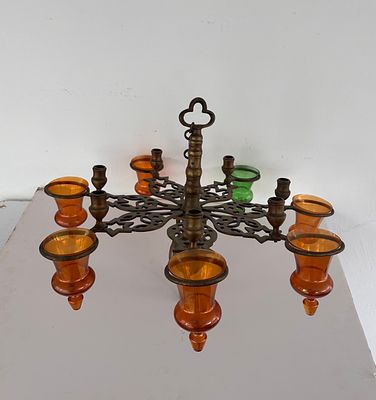 JUDAICA- ANTIQUE SYNAGOGUE LAMP/. ONE OF A KIND ANTIQUE JEWISH SYNAGOGUE MENORAH' LATE 19TH C' 