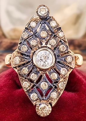 Anello in stile antico fine 800 victorian oro 9kt e argento con diamanti taglio rose 1.50 ct. An 