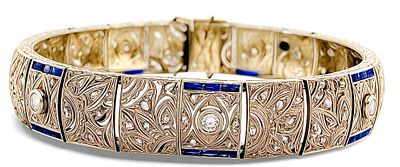 Bracciale autentico Art dec&oacute; 1920 oro 18kt gr 25.86 con diamanti 1.00 ct e zaffiri. Authentic 