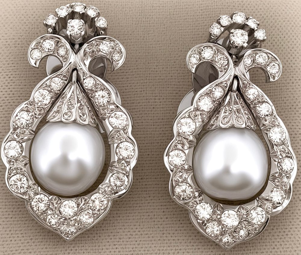 Art Deco 1940 earrings in 18kt gold, 22.77g, with pearls and 4.05 ct diamonds. Art Deco 
