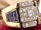 Deco-style 18kt gold ring, weight 9.52g, with Old Mine diamonds 0.50 ct and sapphires. 1940s Image - 1