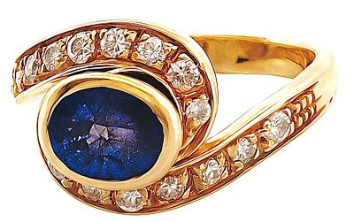 Vintage 18kt gold contrari&eacute; ring weighing 7.09g with a 1.40ct sapphire and 0.50ct diamonds. Yell 