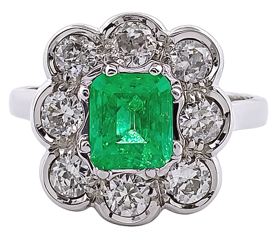 Vintage 18kt gold ring, 6.87 g, with a 1.00 ct emerald and 1.20 ct diamonds. Vintage 18kt white 