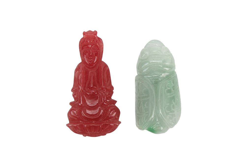 Lot 198: Two Carved Jade Pendants, Buddha & Cicada